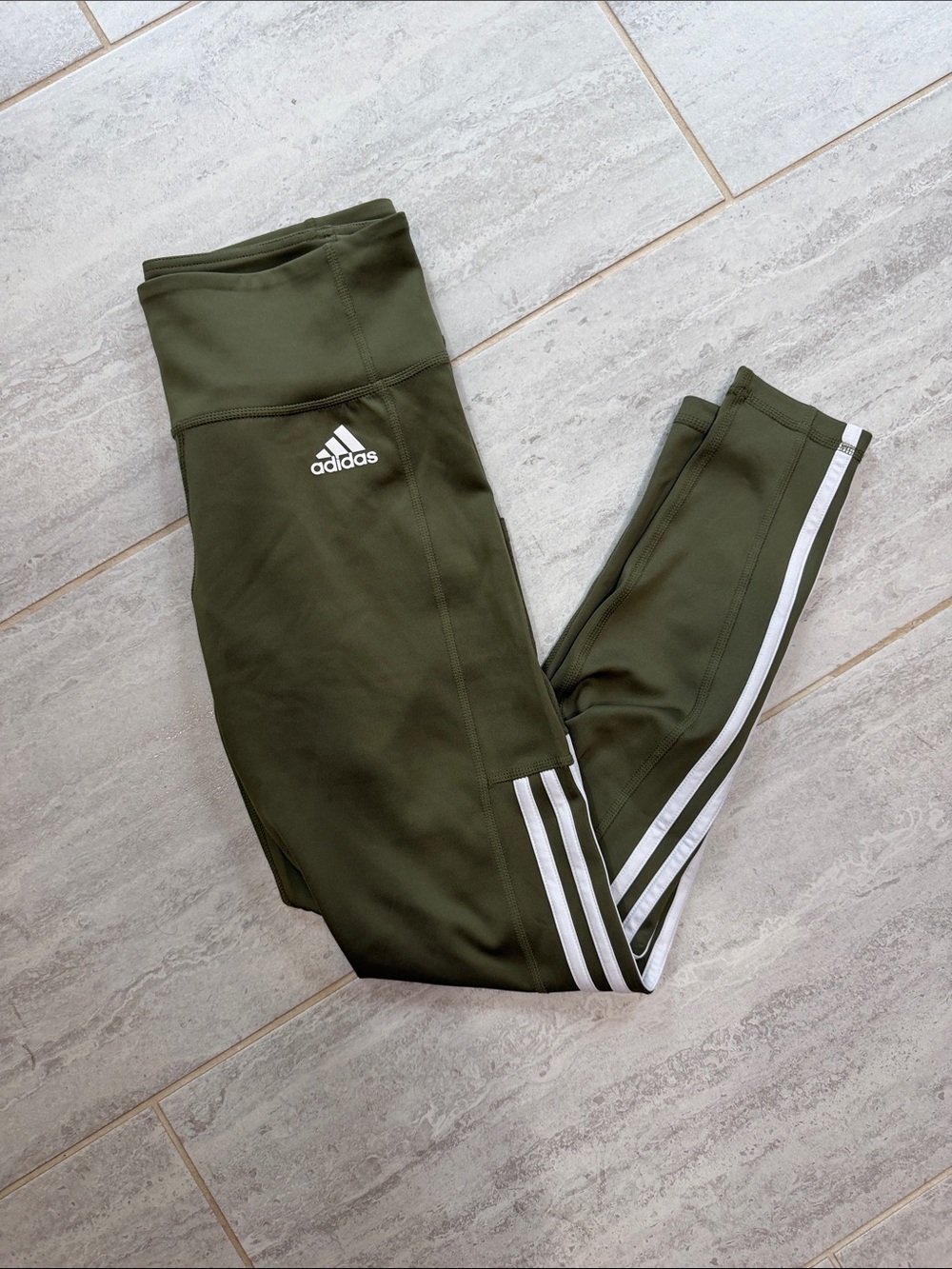 adidas Women’s Olive Green Leggings with White Stripes